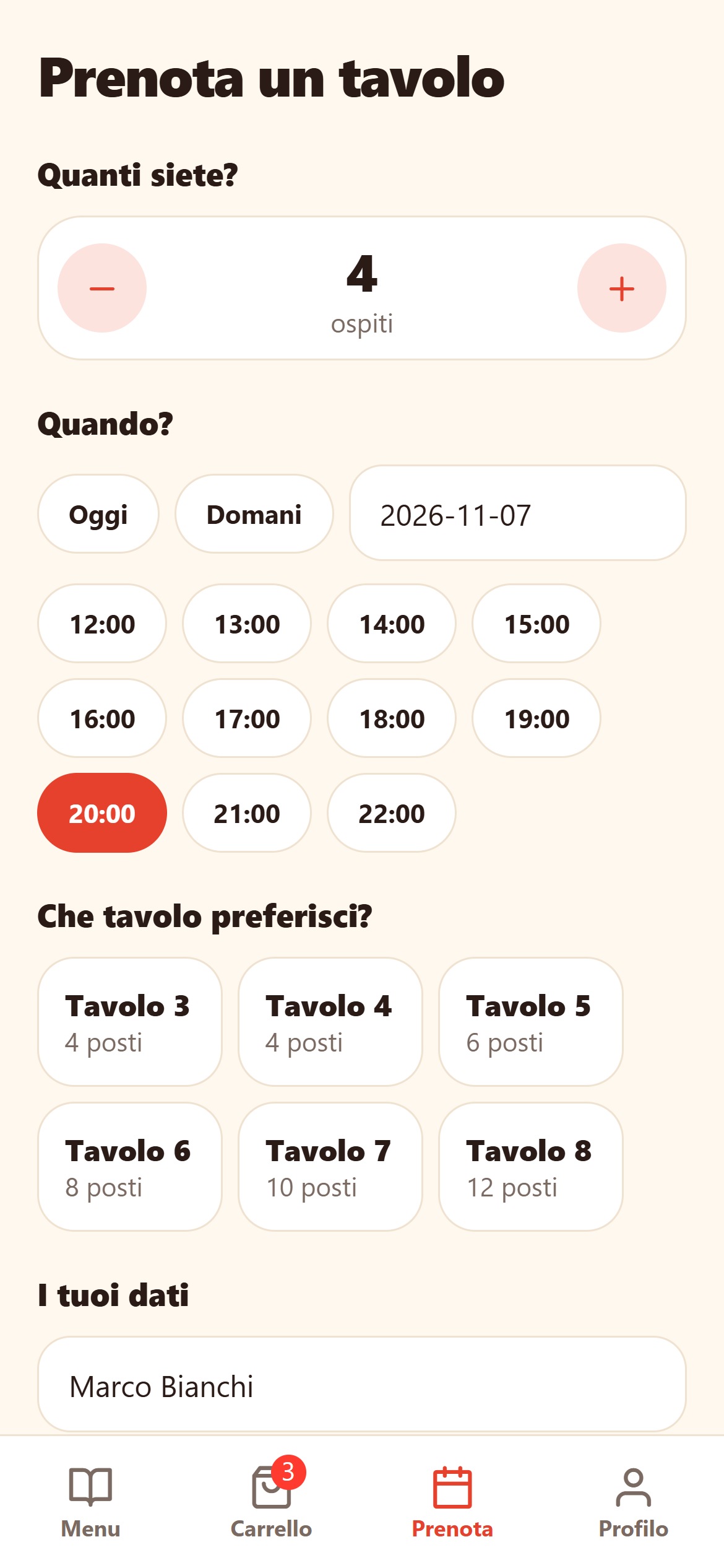 Dopo: numero di ospiti con meno e più, oggi o domani, orari e tavoli come schede